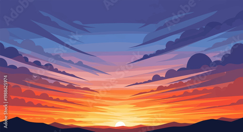 Stylized pixelated sunset with vibrant orange and purple clouds over dark hills