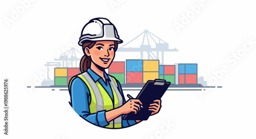 A female port worker in a hard hat and vest holds a clipboard, near cargo containers