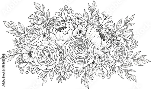 Delicate floral arrangement featuring roses, peonies, and greenery in a sketch style
