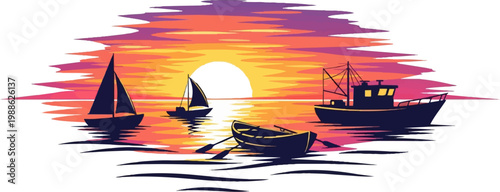 Vibrant pixel art depicts a serene sunset scene at sea with various boats and a fishing vessel