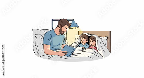 Father reads book to children in bed