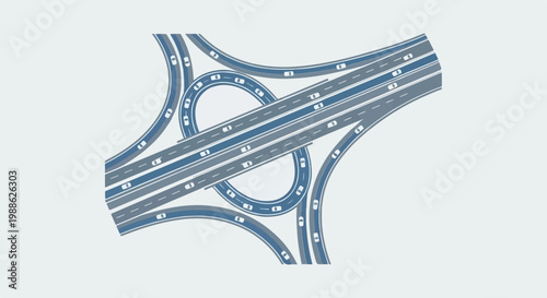 Stylized illustration of a busy highway interchange with multiple lanes and cars