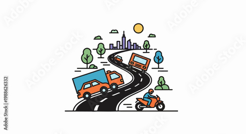 Winding road with vehicles and city skyline in background