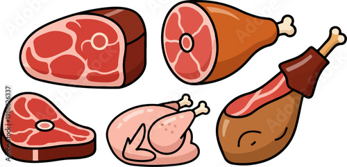 Various cuts of meat and a whole chicken, presented in a cartoonish style