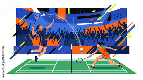 Illustration of badminton players in action during the Thomas Uber Cup 2026, a badminton championship event with a dynamic and energetic mood.