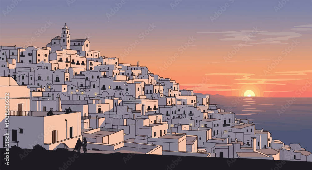 Fototapeta premium A coastal village with white buildings cascades down a hill toward the sea at sunset