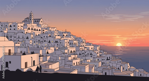 A coastal village with white buildings cascades down a hill toward the sea at sunset