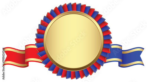 Red and blue rosette ribbon badge with gold trim circular center.