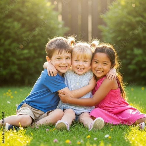 A diverse group of three young children embracing each other tightly and smiling brightly on a sunny lawn