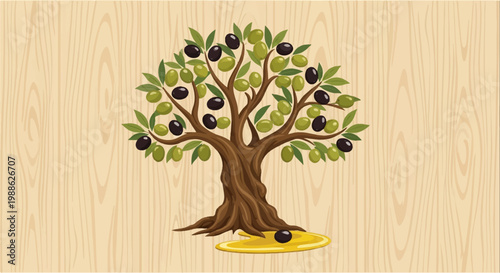 Stylized olive tree with green and black fruit, on wood grain background, with spilled oil at base