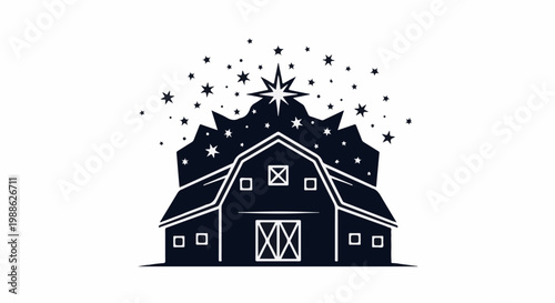 Rustic barn silhouetted against a starry night sky with a central guiding star