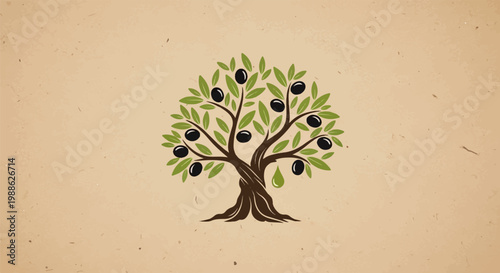 A stylized olive tree with black olives and a green oil drop on a textured parchment background