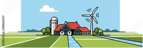 A cartoon farm with a silo, barn, and wind turbine in a green landscape