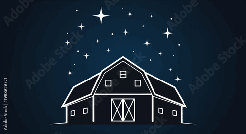 A minimalist white barn silhouette against a dark starry sky with a chalk-like texture