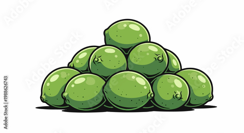 A pyramid of vibrant green limes piled high on a white background