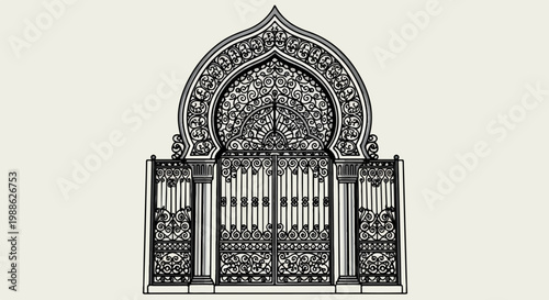 Ornate wrought iron gates with elaborate scrolling and a pointed archway
