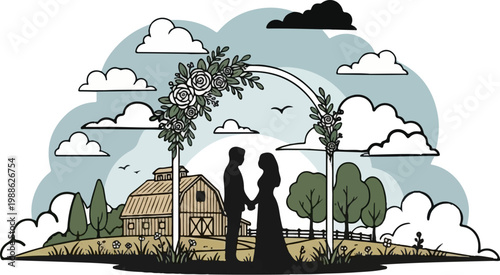Silhouette couple holding hands under floral arch in rural countryside with barn