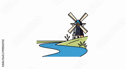 Stylized Dutch windmill on a grassy bank beside a flowing blue river