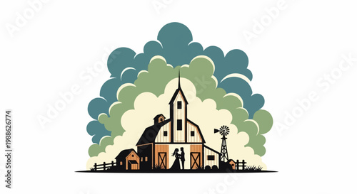 A romantic silhouette of a couple embraces in front of a rustic barn with a windmill