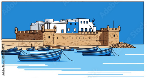 Coastal fortress with blue boats moored in tranquil harbor waters under clear sky