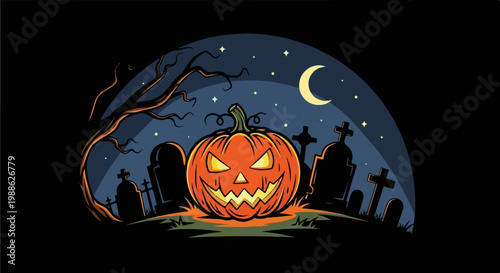 A carved pumpkin glows with an eerie light in a graveyard under a crescent moon