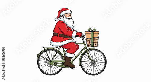 Jolly Santa rides a bicycle with a gift in the basket