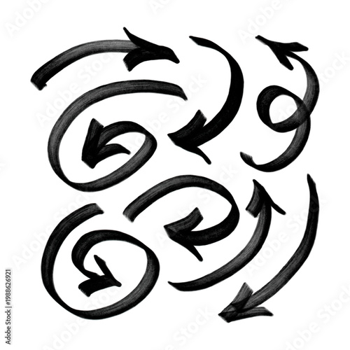 Big black marker arrows set. Hand drawn brush stroke arrows and swirls in rough sketch style. Vector Bold freehand direction doodles isolated for infographic, presentations and social media.