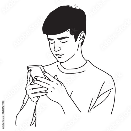 Social Media Addiction Concept Minimal Line Art Person Using Smartphone Vector Illustration on white background.