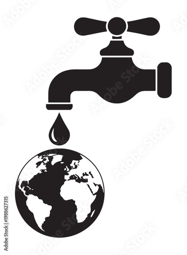 Graphic illustration of a water faucet dripping onto the world globe representing water scarcity