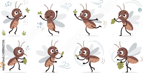 Cute cartoon mosquito character set with various poses and emotions for mascot design educational projects and medical illustrations isolated on white,