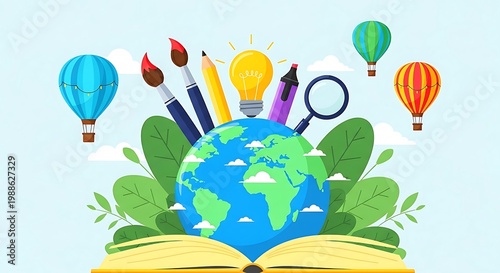 Education and creativity concept with globe, open book, and school supplies