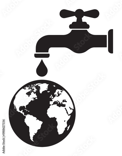 Simple black icon design featuring a water tap and a drop falling onto the earth for ecology