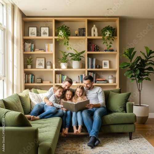 A lovely family of four enjoying a storybook together on a comfortable green sofa in a cozy living room