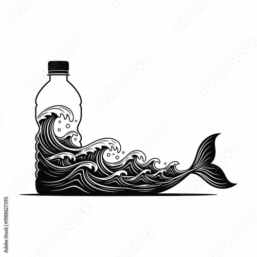 Plastic pollution concept with ocean wave inside bottle environmental illustration