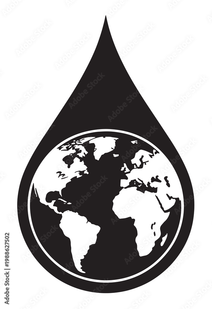 Fototapeta premium Black and white earth globe silhouette inside a water drop shape for environmental awareness