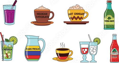 Traditional Latin American Beverage Vector Illustration Set Featuring Yerba Mate, Caipirinha, Mexican Chocolate, Aguas Frescas, and Hot Cocoa for Cultural Food and Drink Designs