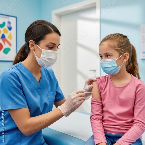 A healthcare professional administering a vaccine shot to a young girl in a clinic setting