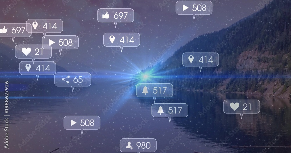 Fototapeta premium Floating translucent social media notifications drifting over night lake, with blue-green flare