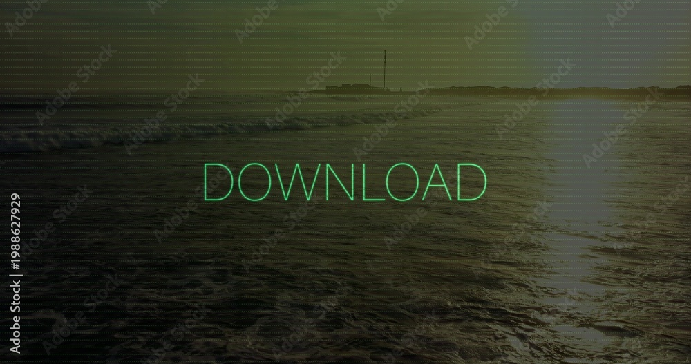 Fototapeta premium Displaying neon green DOWNLOAD text overlay glowing over choppy sea at sunrise, with sun glare
