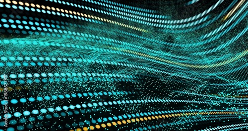 Rippling turquoise dots and particles flowing diagonally in 3D space with yellow-orange accents