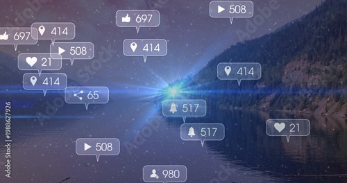 Floating translucent social media notifications drifting over night lake, with blue-green flare