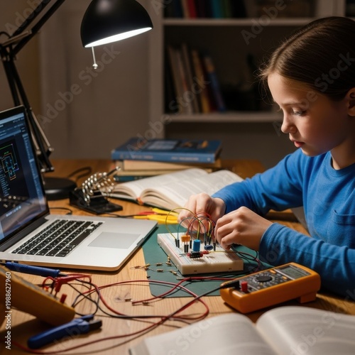 A young girl intensely focused on connecting components on a breadboard during her electronics project at home