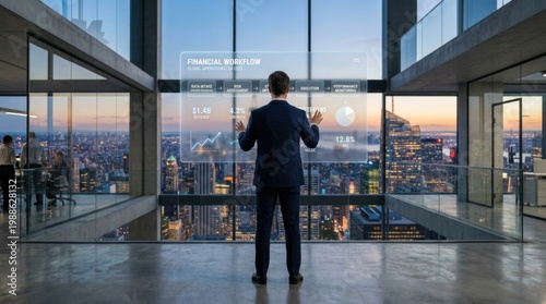 A businessman in a suit interacts with a virtual financial dashboard in a modern office with a city skyline view at sunset