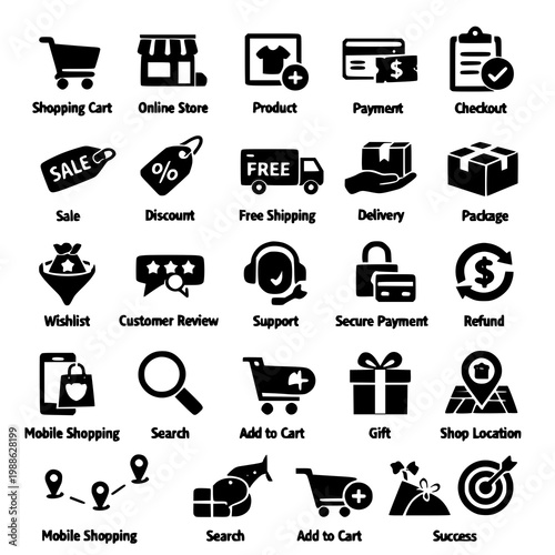 A collection of black icons representing various e-commerce concepts in silhouette mode