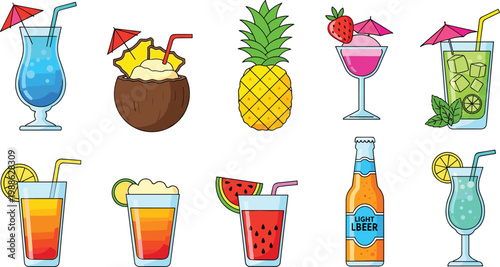 Tropical Summer Cocktail Vector Illustration Set Featuring Pina Colada in Coconut, Pineapple, Mojito, Watermelon Juice, and Light Beer for Beach Party and Bar Menu Designs