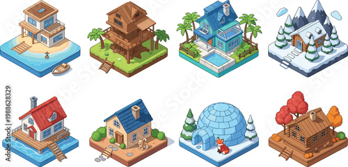 Diverse isometric houses in various environments and seasons for real estate concepts