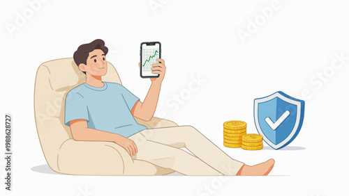 Man relaxing with phone and coins