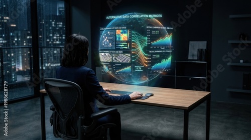 A woman in a business suit sitting at a desk analyzing global data on a futuristic screen