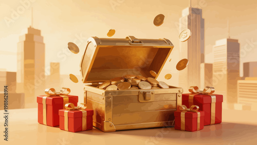 Treasure chest with coins and gifts