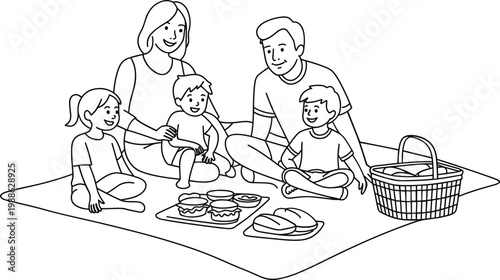 Happy family having picnic outdoors with children, black line art vector illustration of lifestyle
